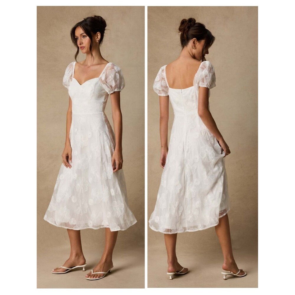 Lulus Sweetest Behavior White Embroidered Puff Sleeve Midi Dress Size Medium